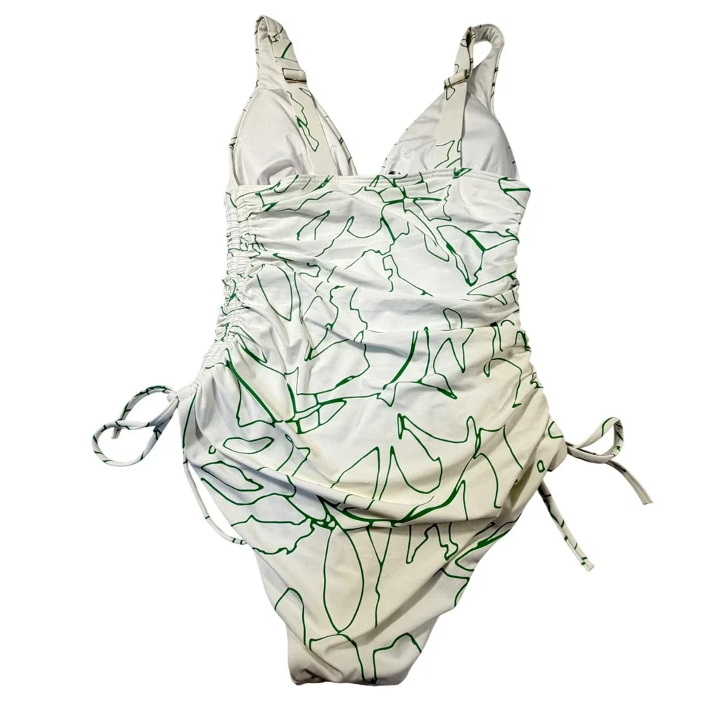 DKNY Womens Medium White Green Abstract Ruched One Piece Swimsuit V-Neck SideTie - Picture 2 of 6